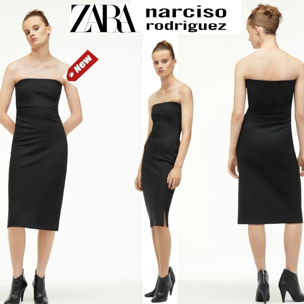 ZARA NARCISO RODRIGUEZ collab black bustier strapless midi tube dress Sz XS NWT
